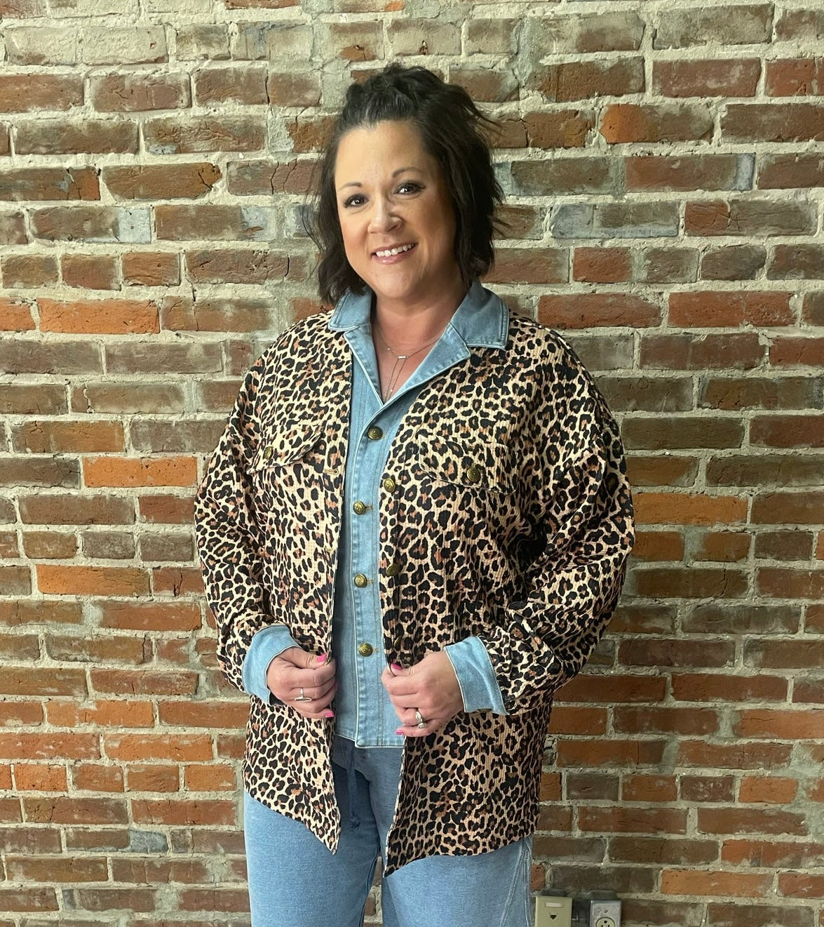 Brown Leopard Double Layered Denim Thermal Jacket