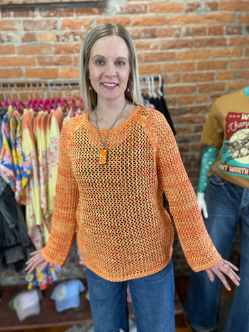 Orange 3/4 Sleeve Fishnet Knitted Spring Sweater