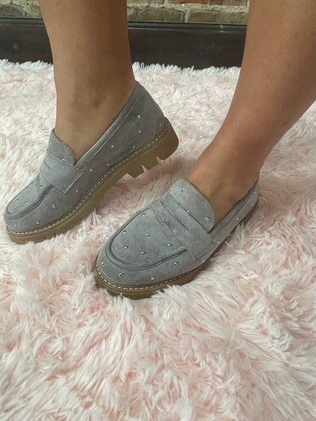 Corkys Stud Muffin Light Grey Suede Loafer