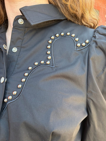 Black Puff Sleeve Pearl Snap Studded Shirt