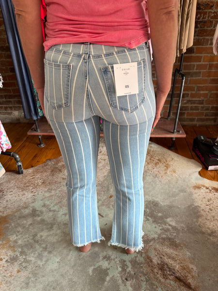 Cello Light Stripe High Rise Crop Flare w/ Frayed Hem Jean