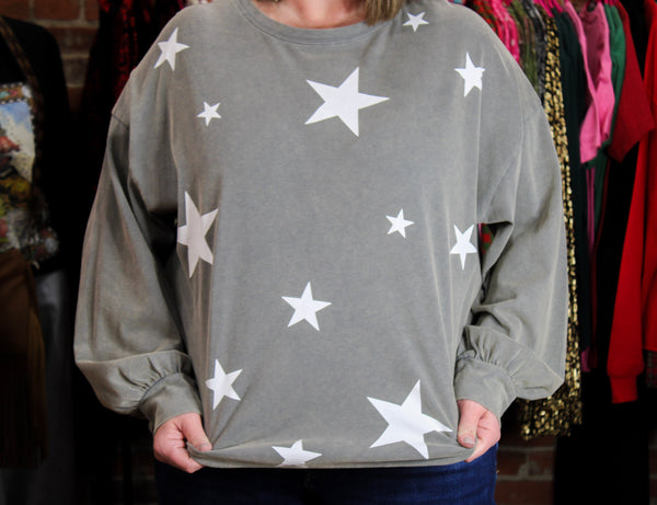 Ash Long Sleeve Star Printed Mineral Wash Top Plus Size