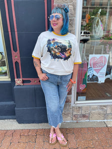 Mountain Watercolor Jeep Tee on Heather White Mellow Yellow