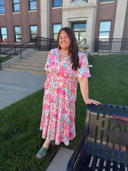 Coral Frill Hem Floral Print Sun Dress Plus Size