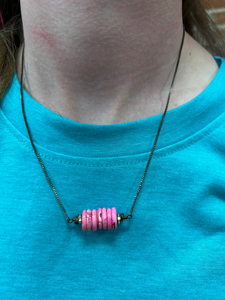 Round Pink Magnesite Beads w/ Bling Roundels on Dark Grey Chain