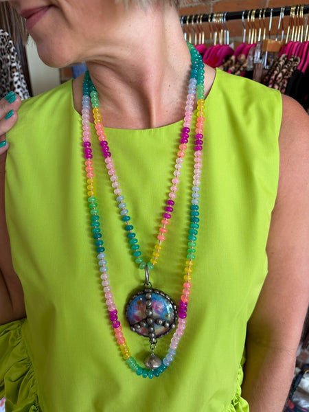 Tie Dye Peace Sign Charm on Colorful Strand Necklace Art By Amy