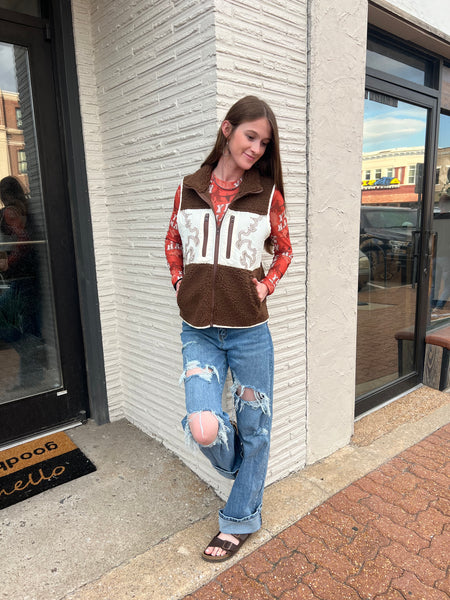 Brown Sherpa Vest w/ Aztec Panel