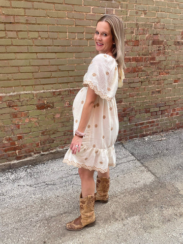 Ivory Wing Sleeves Embroidered Dress