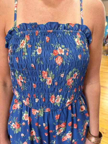 Denim Wide Leg Floral Print Jumpsuit