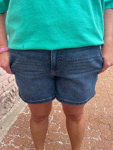 Dark Denim HW Double Button Waistband Shorts Plus Size