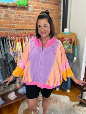 Lavender/Peach/Fuchsia Vintage Washed Color Block Short Sleeve Lightweight French Terry Hoodie Plus Size
