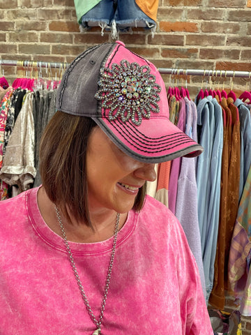 XL Glass Silver AB Crystal Flower Two Tone High Contrast Ball Cap fuchsia/charcoal gunmetal/ab
