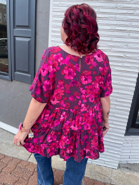 Ruby Plum Short Sleeve Floral Printed Tiered Top Plus Size