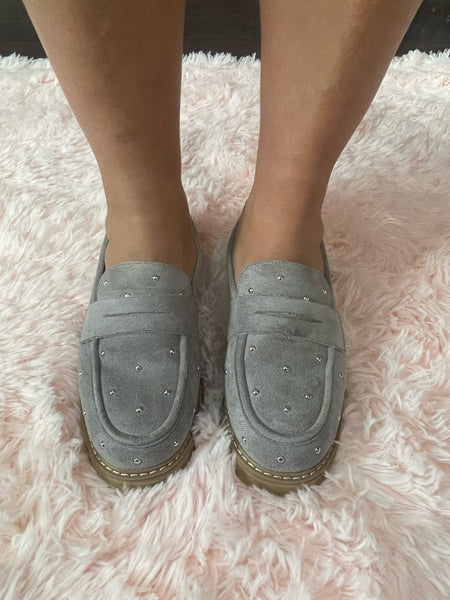 Corkys Stud Muffin Light Grey Suede Loafer