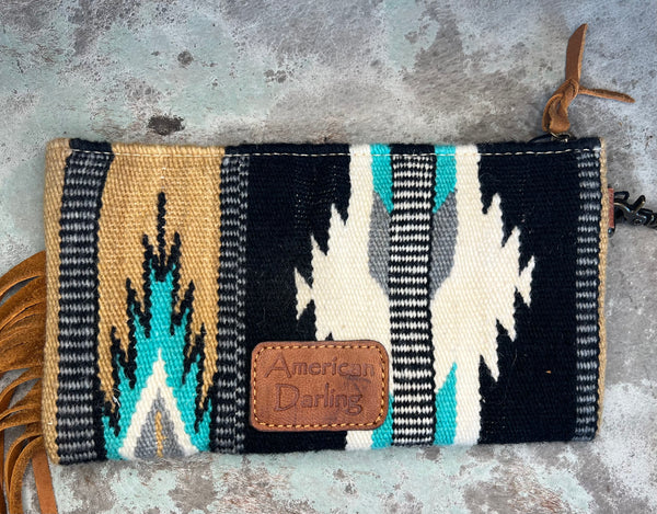 Tan/Grey/Turquoise/White Aztec Saddle Blanket Wristlet w/ Tooled Leather & Fringe