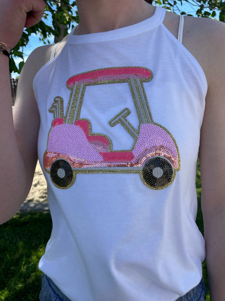 Sequin Golf Cart Patch on White Tank