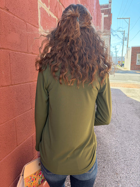 Olive Long Sleeve Top w/ Curved Hem
