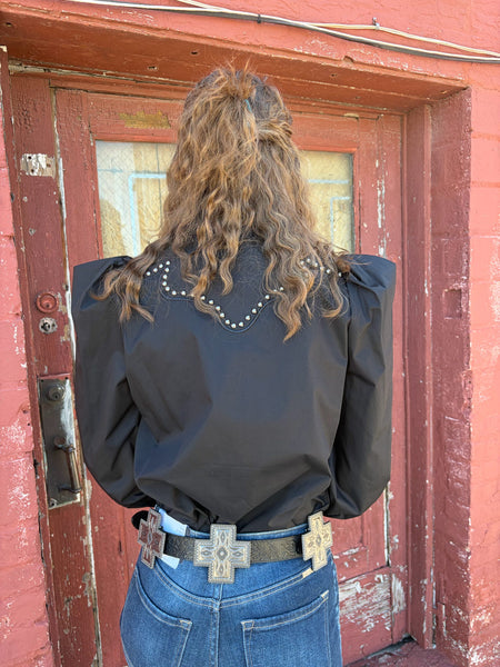 Black Puff Sleeve Pearl Snap Studded Shirt