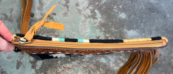 Tan/Grey/Turquoise/White Aztec Saddle Blanket Wristlet w/ Tooled Leather & Fringe