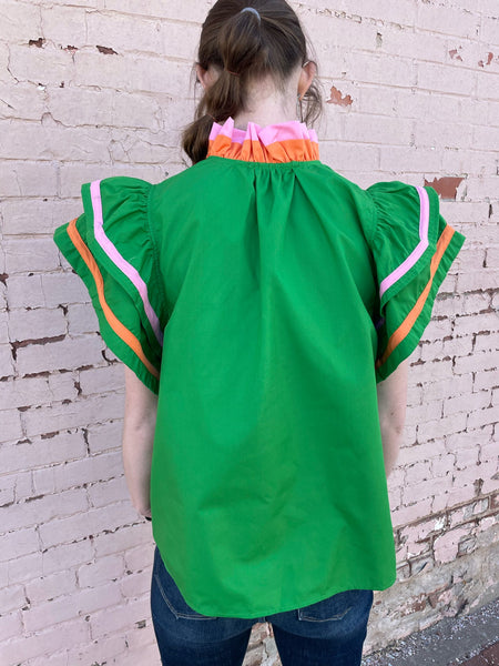 Green Ruffled Neckline & Sleeves Top