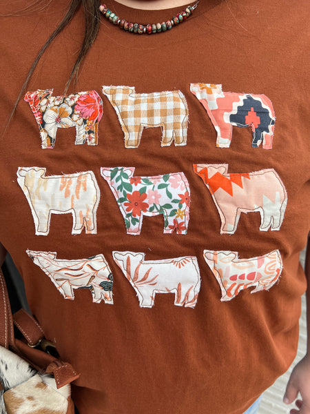 Cows On Repeat on Rust Brown Tee Shirt