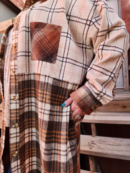 Rust/Taupe Flannel Plaid Check Long Duster Plus Size