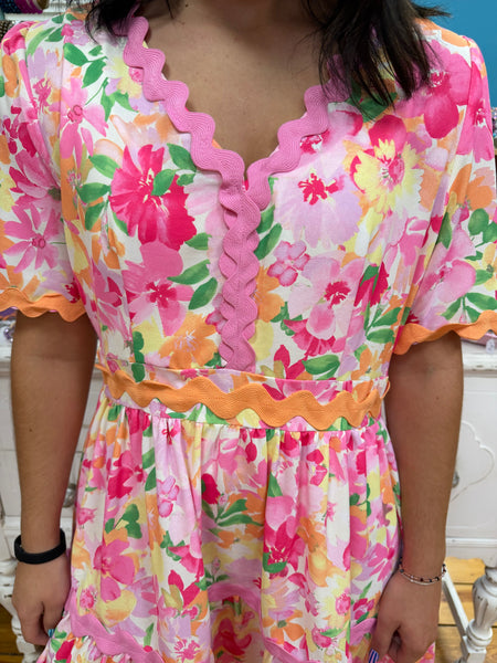 Blush/White V-Neck Short Sleeve Tiered Babydoll Floral Print Dress