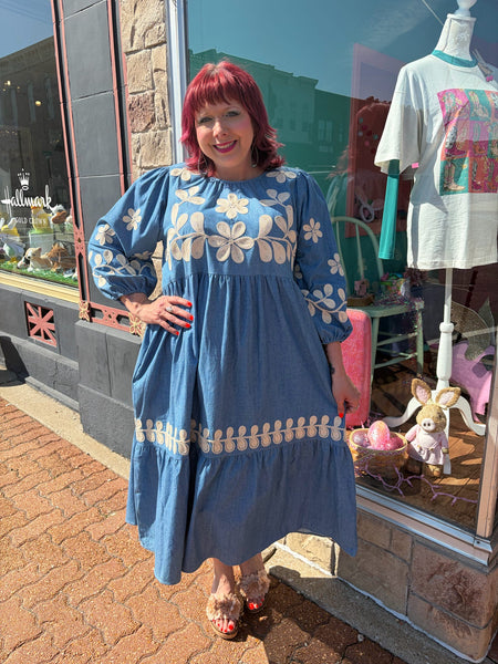 Washed Denim Long Dress w/ Embroidered Floral Details