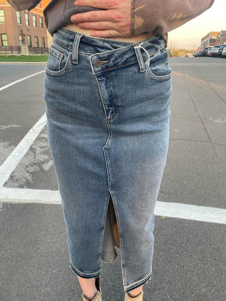 Medium Denim High Rise Midi Skirt w/ Crossover Button Fly