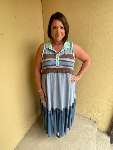 Blue Washed Fabric Mixed Sleeveless Maxi Dress