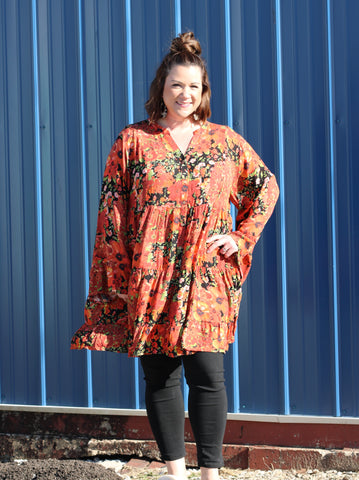 Black/Orange Bell Sleeves Floral Dress Plus Size