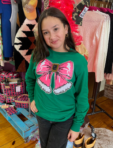 Pink Sequin Bow on Green Long Sleeve Top