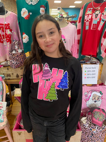 Ho Ho Ho Sequin Trees on Black Long Sleeve Crew Top