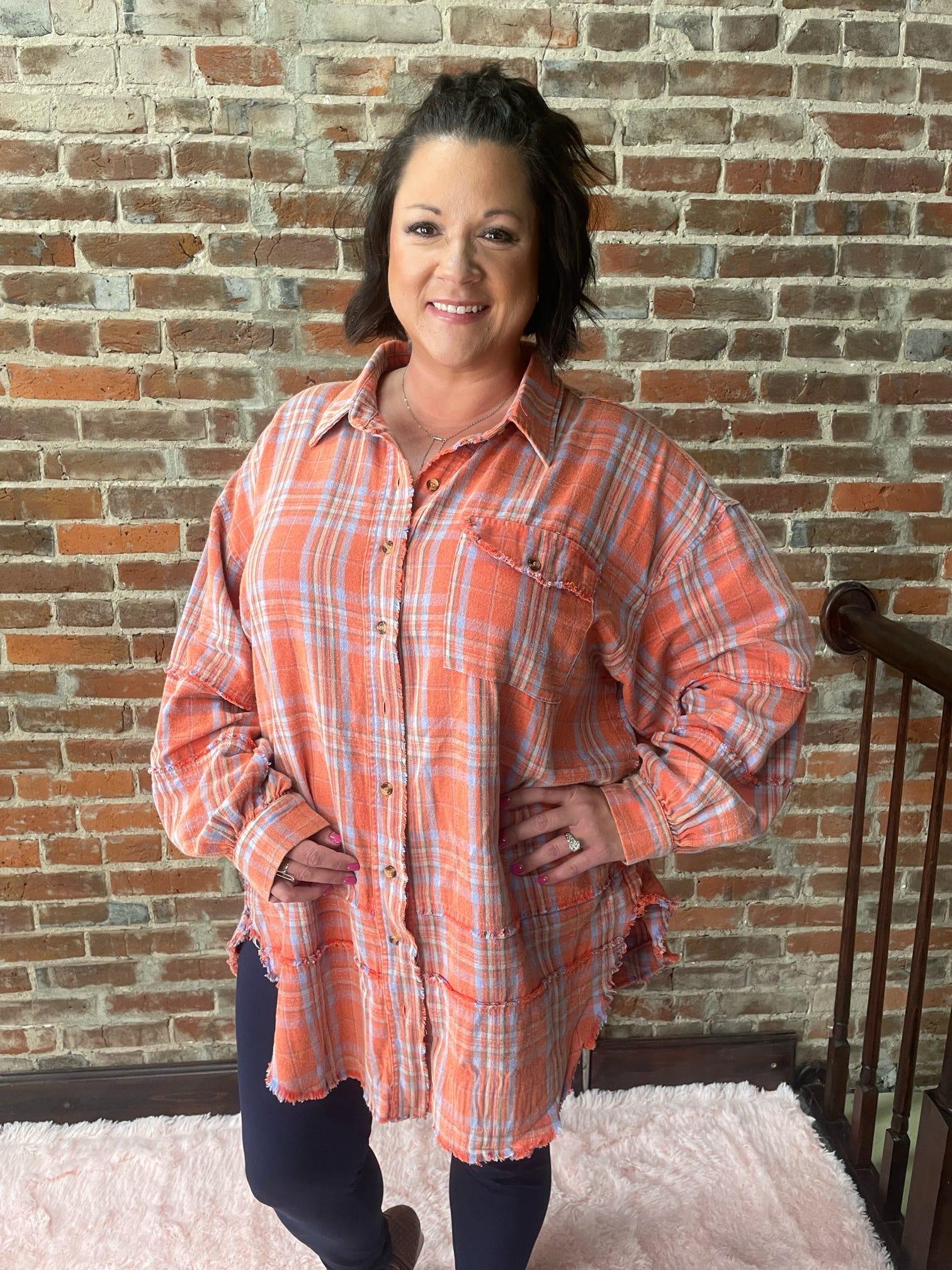 Coral LS Mineral Washed Plaid Button Up Top Plus Size