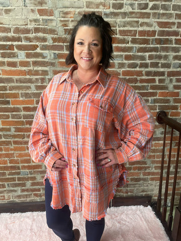 Coral LS Mineral Washed Plaid Button Up Top Plus Size