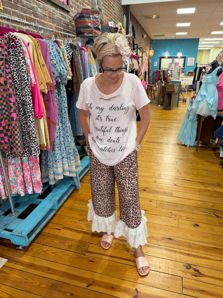 Leopard Print Woven Ruffled Lace Hem Pants w/ Side Pockets