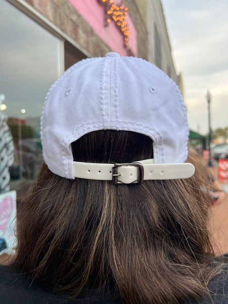 XL Glass Crystal Flower Distressed Baseball Cap w/ Matching Leather Buckle white silver/clear