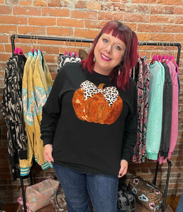 Sequin Pumpkin on Black Long Sleeve Crew Tee