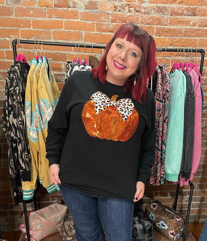 Sequin Pumpkin on Black Long Sleeve Crew Tee