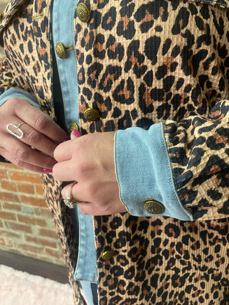Brown Leopard Double Layered Denim Thermal Jacket