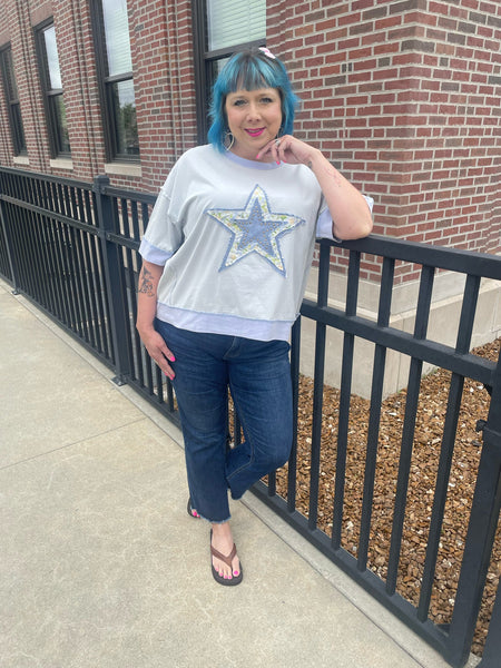 Lt. Blue Short Sleeve Star Patch Top