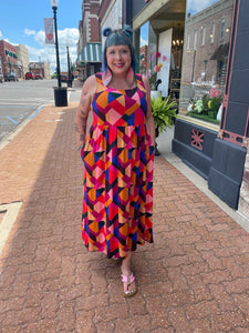 Magenta/Royal Geometric Shapes Midi Length Dress Plus Size
