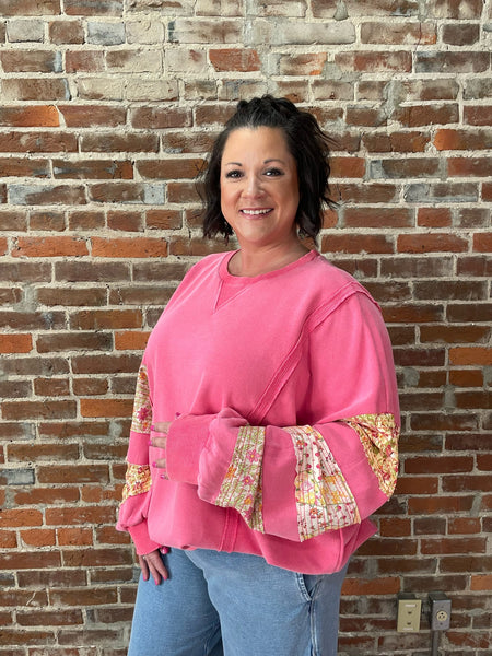 LS Bubble Gum Mineral Washed Top w/ Vintage Floral Fabric Details