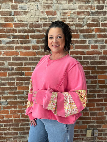 LS Bubble Gum Mineral Washed Top w/ Vintage Floral Fabric Details Plus Size