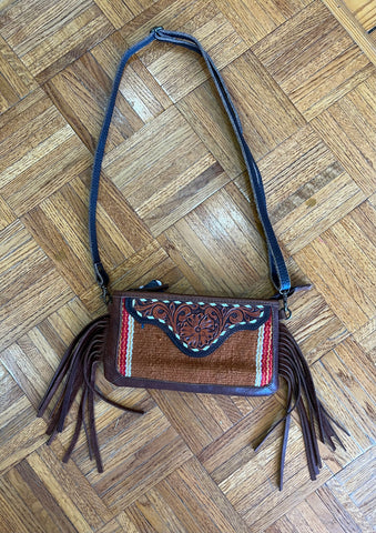 Small Crossbody Saddle Blanket w/ Tooled Leather & Fringe