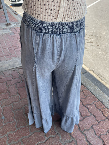 Washed Denim Ruffle Bottom Wide Leg Pants