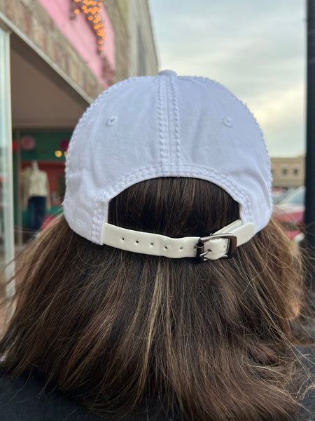 Glitz Deconstructed Distressed Baseball Cap w/ Matching Leather Buckle white silver/clear
