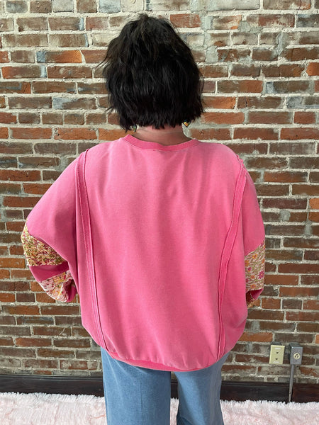 LS Bubble Gum Mineral Washed Top w/ Vintage Floral Fabric Details