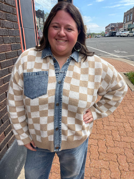 Latte Washed Denim Mix & Match Buttoned Checker Sweater Top Plus Size