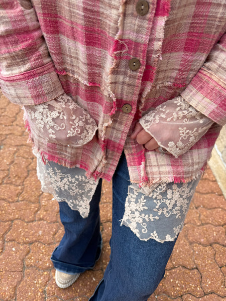 Pink/Beige Washed Plaids & Embroidered Mesh Mix Shacket